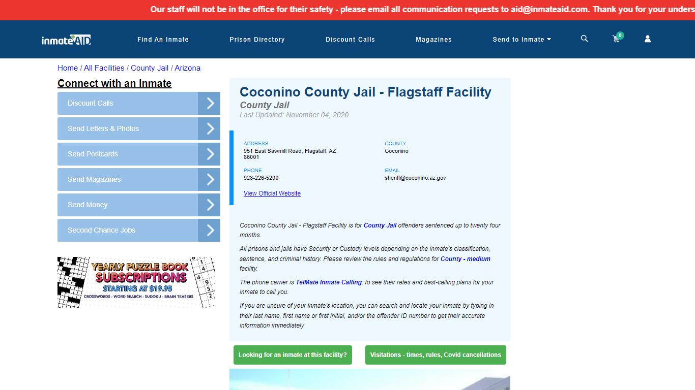 Coconino County Jail - Flagstaff Facility - Inmate Locator ...